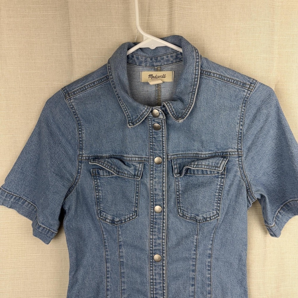 Madewell Dress Womens 2 Blue Denim Short Sleeve Snap Front Shirt Mini Stretch - Picture 3 of 16